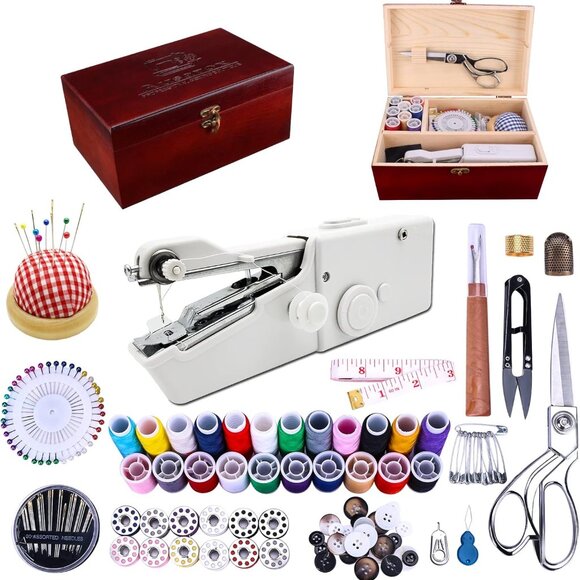 Other - Handheld Sewing Machine, with Elegant Wooden Sewing Box and 153-Piece Sewing Kit